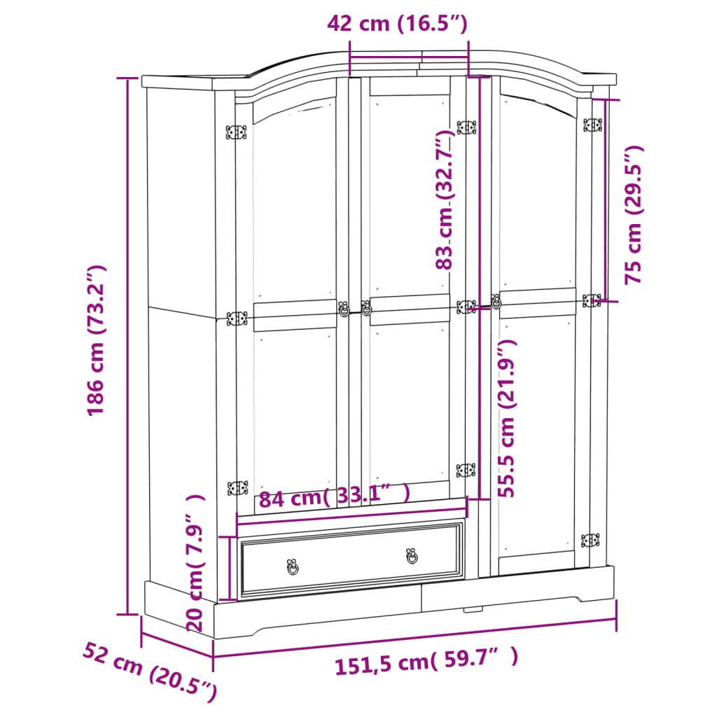 Kledingkast Corona wit 151,5x52x186 cm massief grenenhout