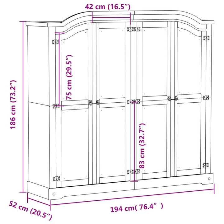 Kledingkast Corona 194x52x186 cm massief grenenhout