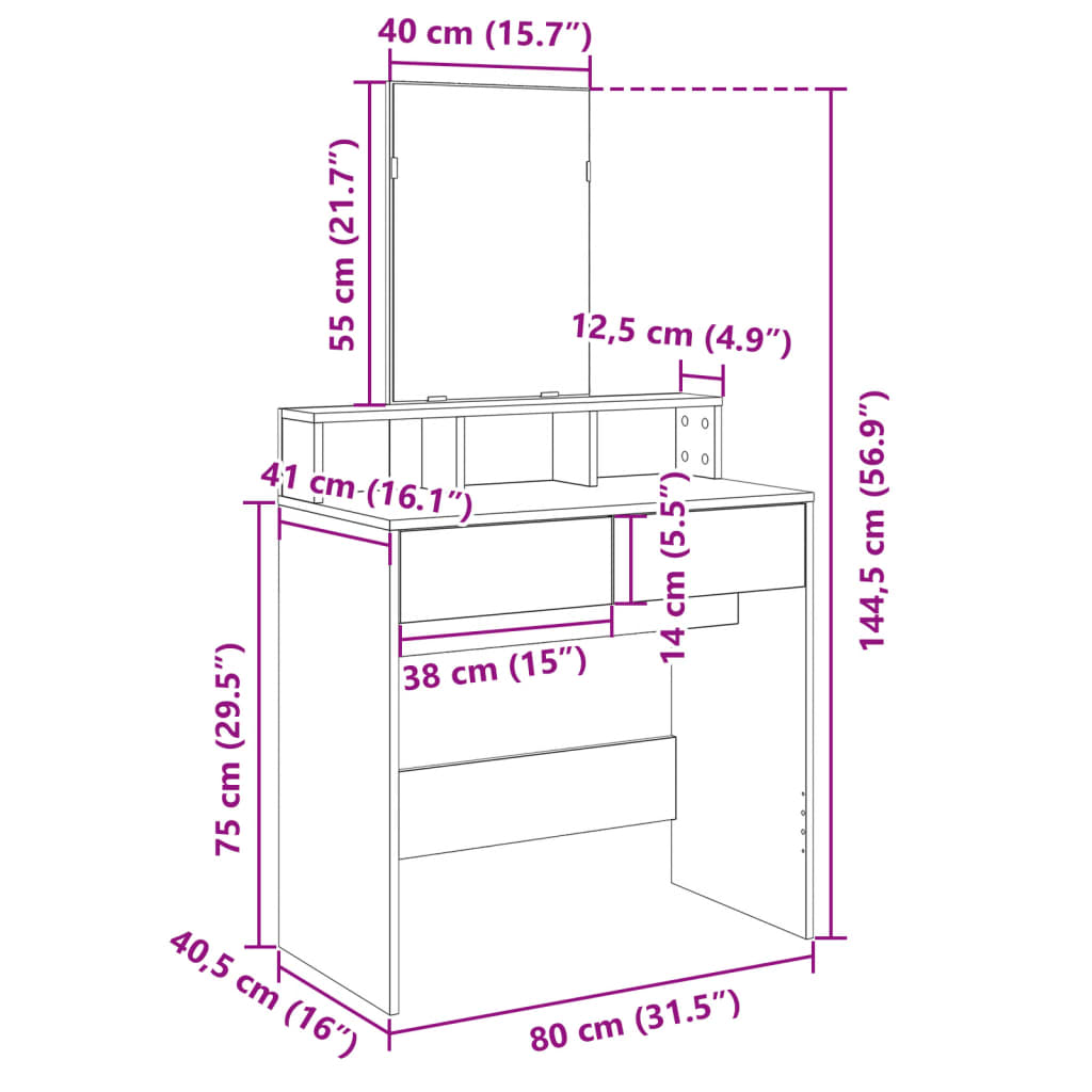 Kaptafel met spiegel 80x41x144,5 cm wit