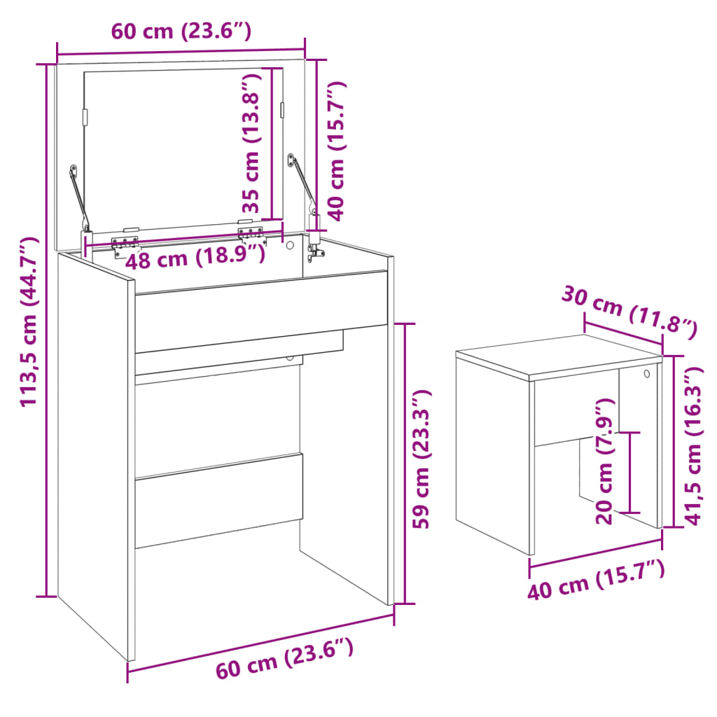 Kaptafel met krukje 60x40x113,5 cm gerookt eikenkleurig