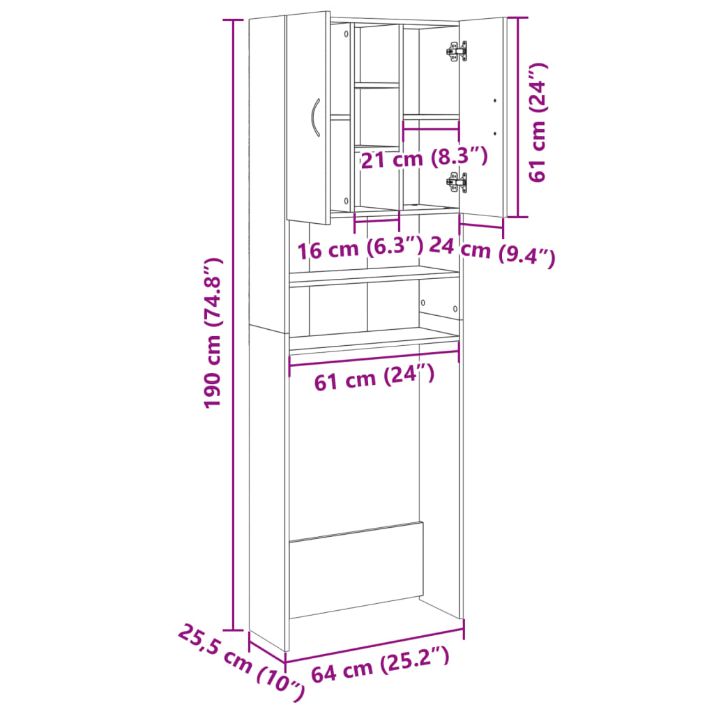 Wasmachinekast 64x25,5x190 cm sonoma eikenkleurig