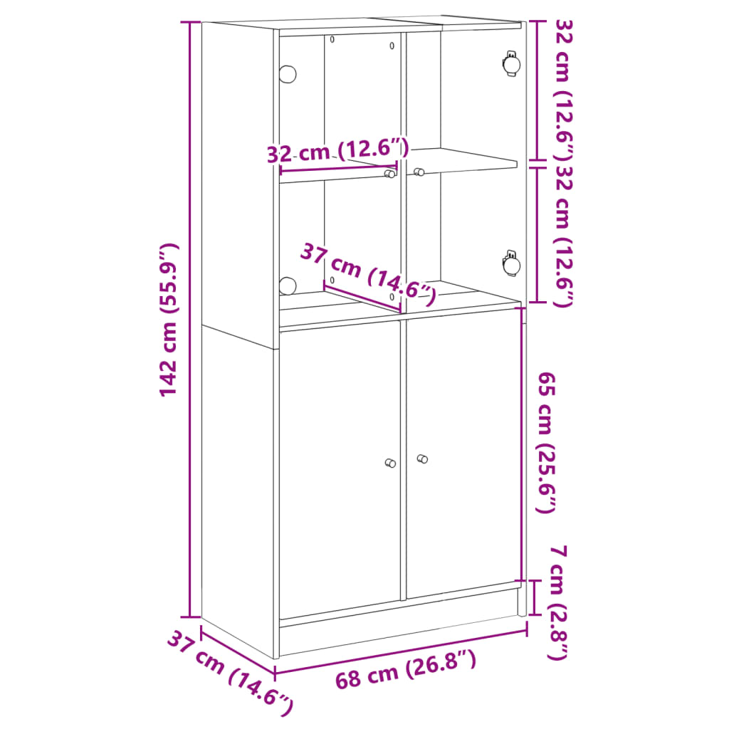 Hoge kast met deuren 68x37x142 cm bewerkt hout betongrijs