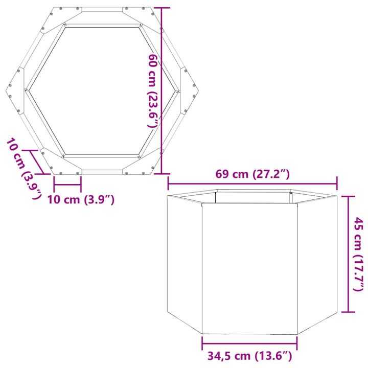 Plantenbak zeshoek 69x60x45 cm staal antracietkleurig