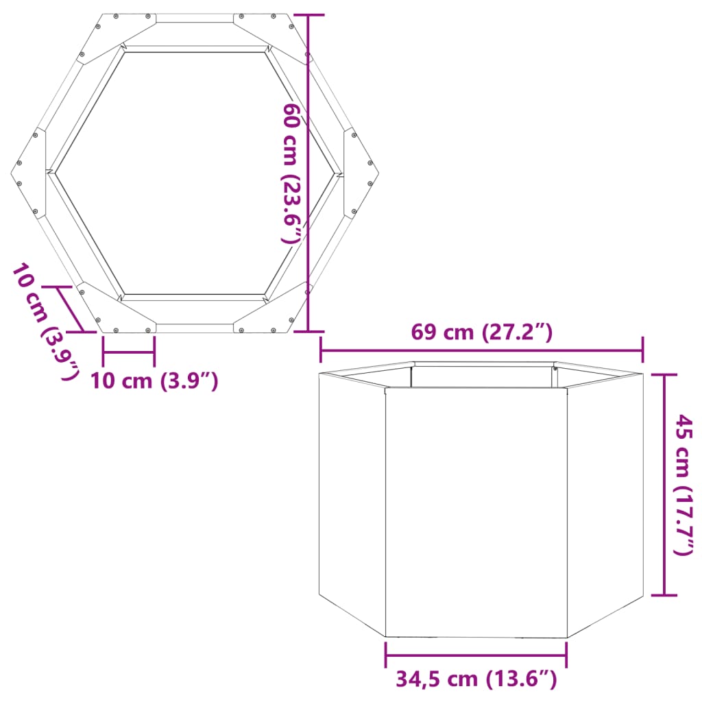 Plantenbak zeshoek 69x60x45 cm staal olijfgroen