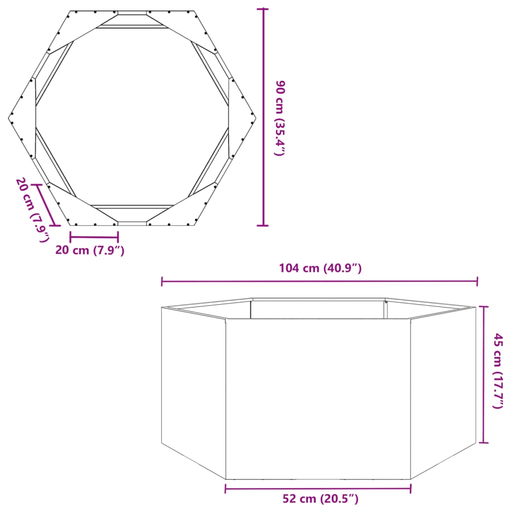 Plantenbak zeshoek 104x90x45 cm staal wit