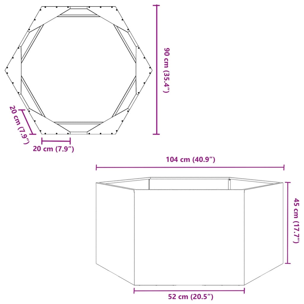 Plantenbak zeshoek 104x90x45 cm staal antracietkleurig