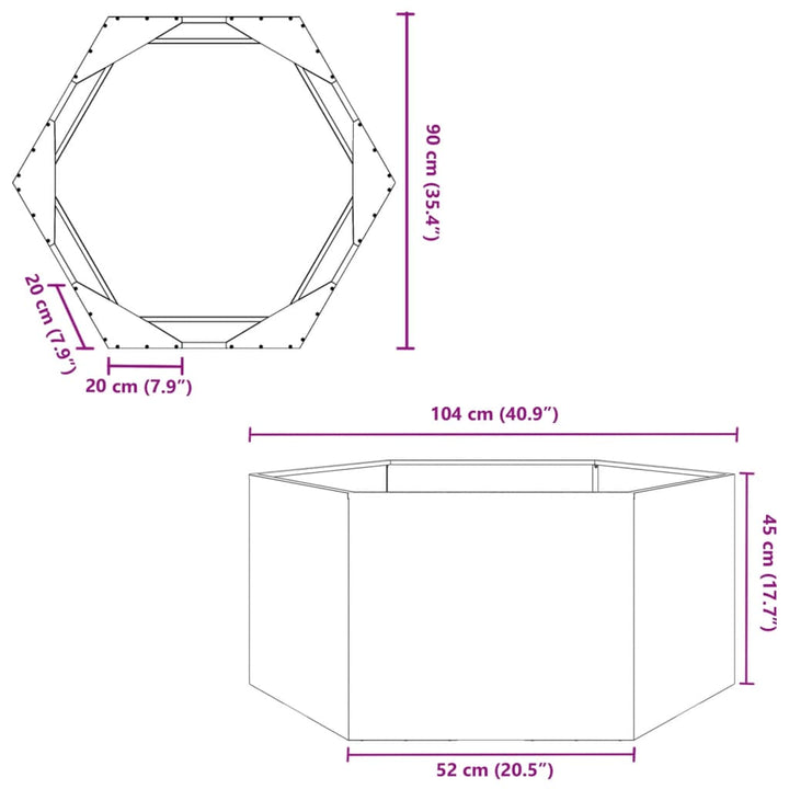 Plantenbak zeshoek 104x90x45 cm staal antracietkleurig