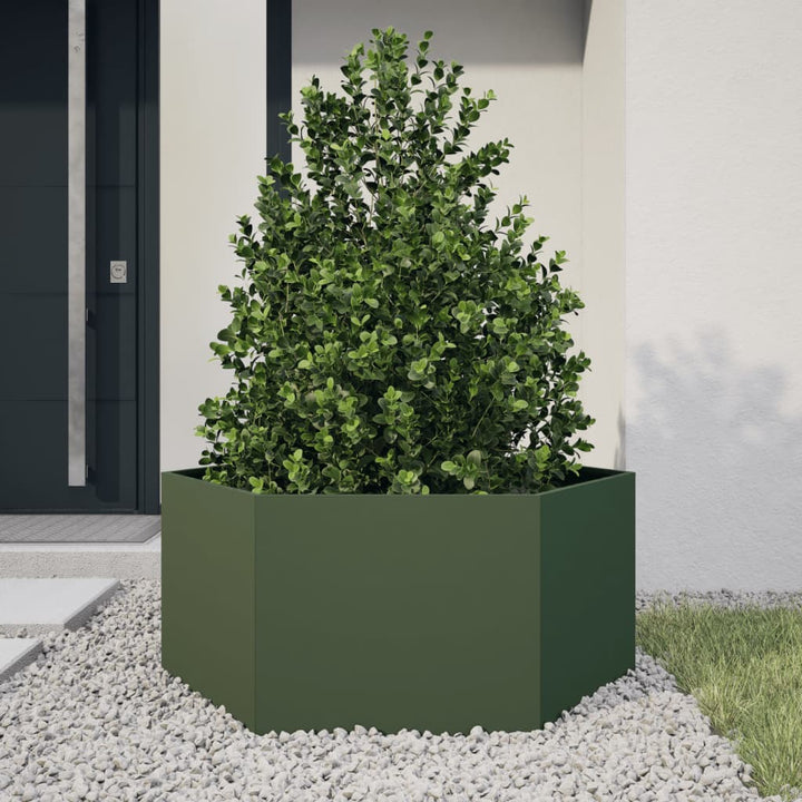 Plantenbak zeshoek 104x90x45 cm staal olijfgroen