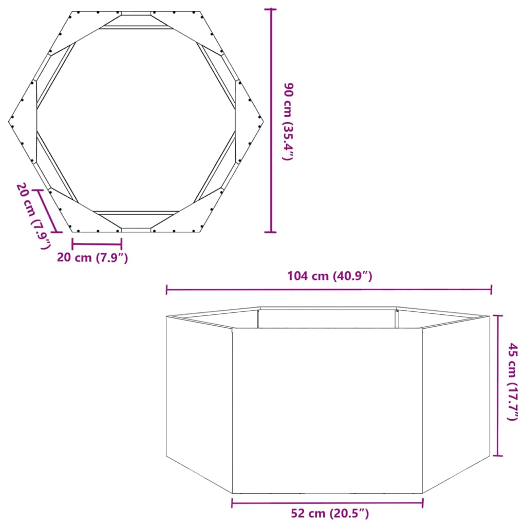 Plantenbak zeshoek 104x90x45 cm staal olijfgroen