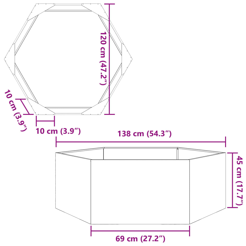 Plantenbak zeshoek 138x120x45 cm staal antracietkleurig