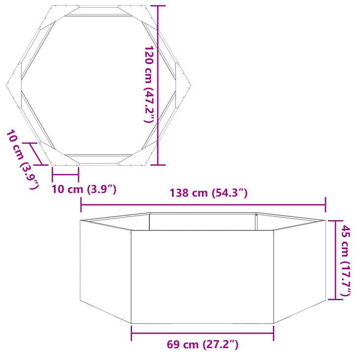 Plantenbak zeshoek 138x120x45 cm staal antracietkleurig