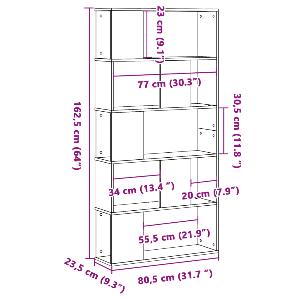 Boekenkast 5-laags 80,5x23,5x162,5 cm hout artisanaal eiken