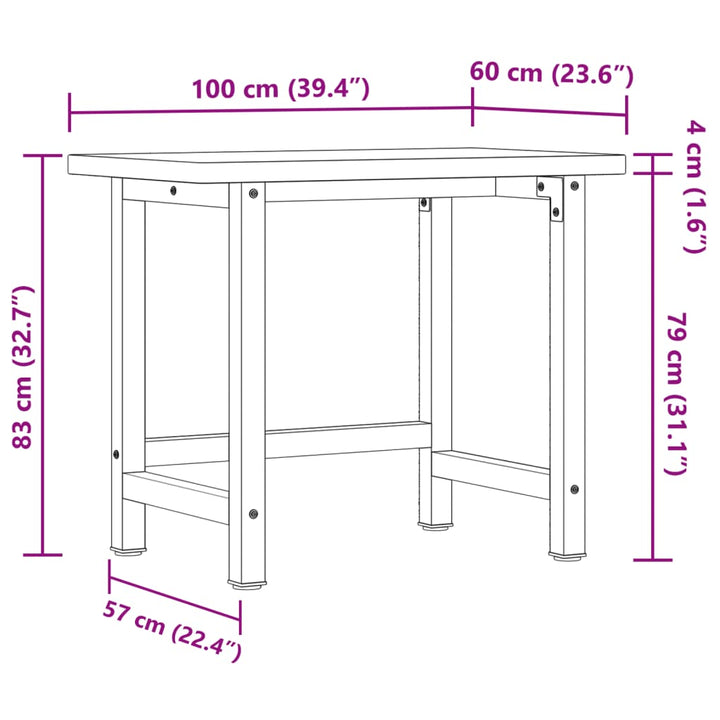 Werkbank rechthoekig 100x60x83 cm massief eikenhout