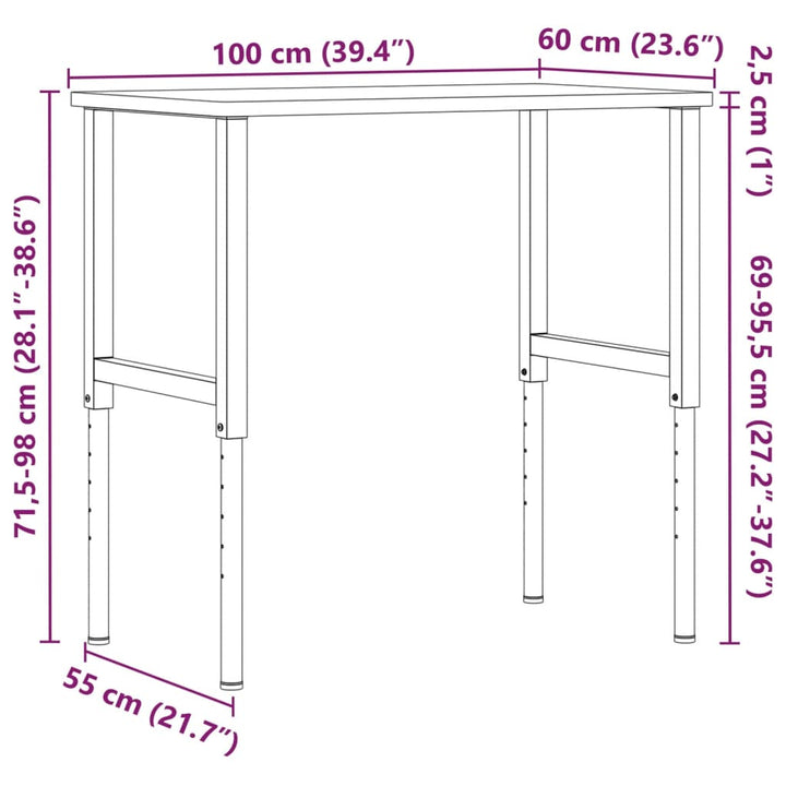 Werkbank rechthoek 100x60x(71,5-98) cm eikenhout donkerbruin