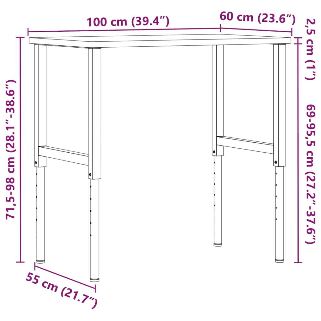 Werkbank rechthoekig 100x60x(71,5-98) cm massief beukenhout