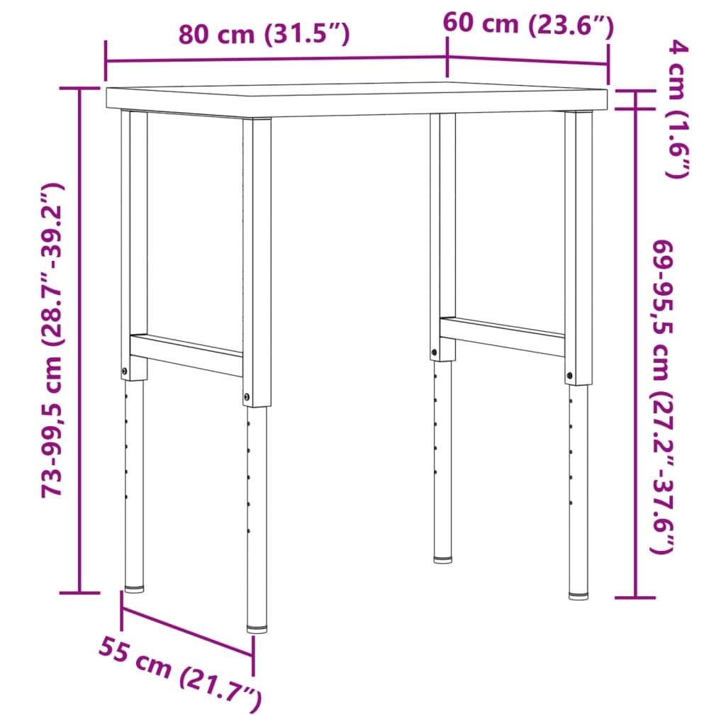 Werkbank rechthoekig 80x60x(73-99,5) cm massief acaciahout