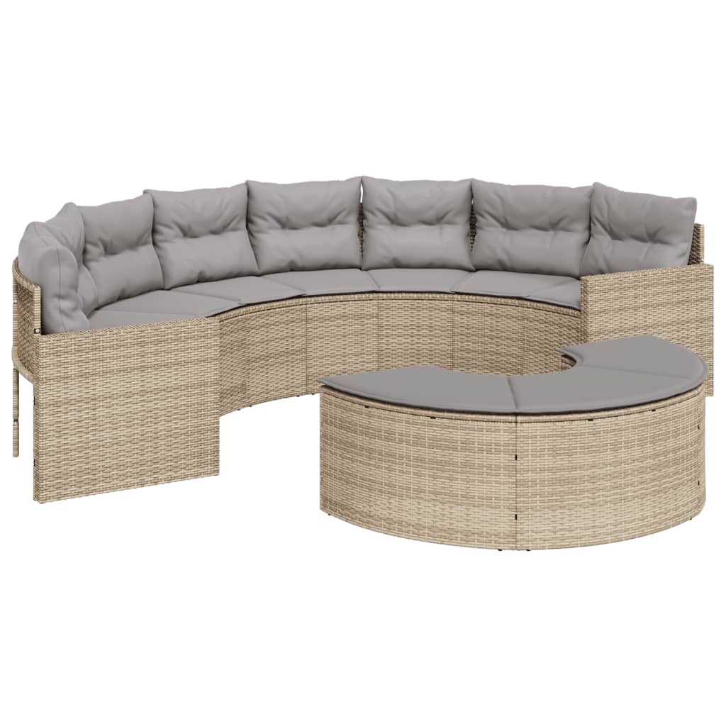 Tuinbank met kussens halfrond poly rattan beige