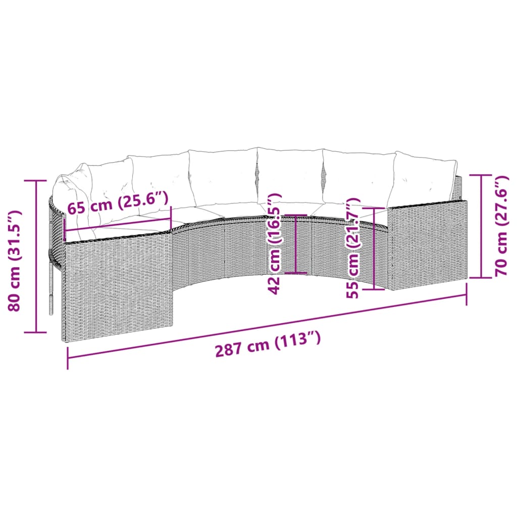 Tuinbank met kussens halfrond poly rattan beige