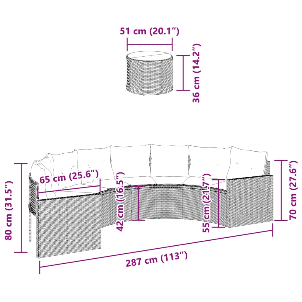 Tuinbank met tafel en kussens halfrond poly rattan zwart