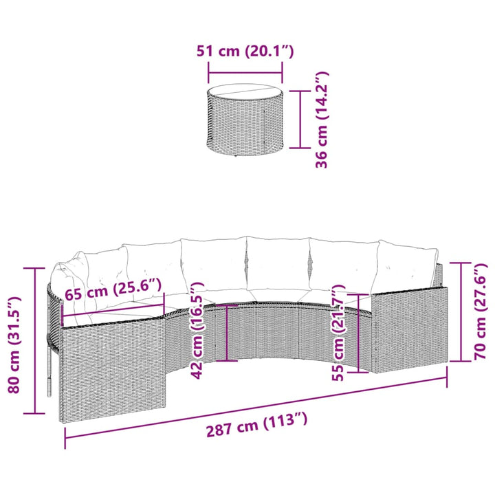 Tuinbank met tafel en kussens halfrond poly rattan zwart