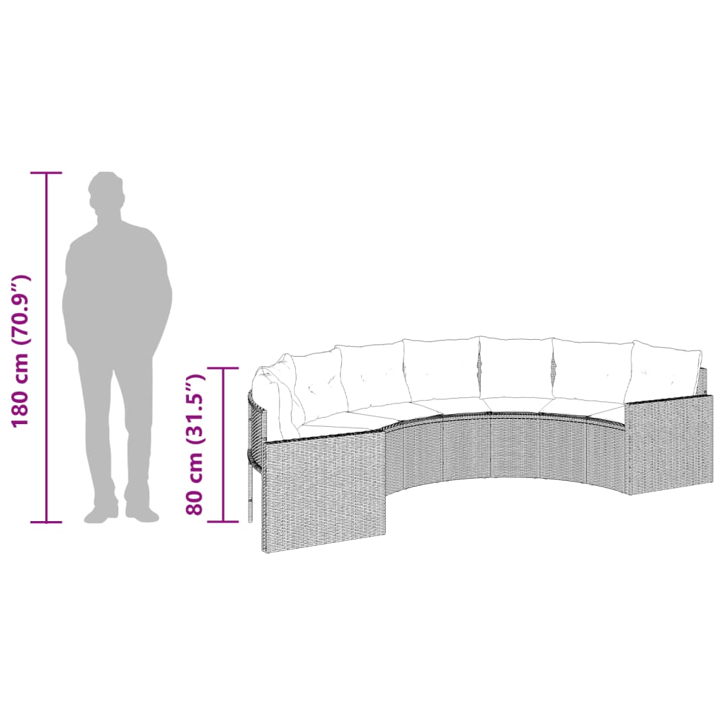 Tuinbank met tafel en kussens halfrond poly rattan zwart