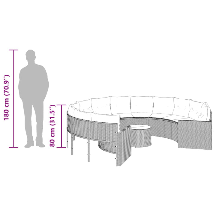 Tuinbank met tafel en kussens rond poly rattan zwart