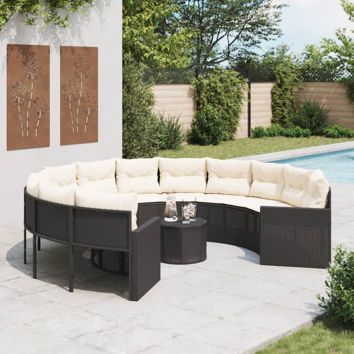 Tuinbank met tafel en kussens rond poly rattan zwart