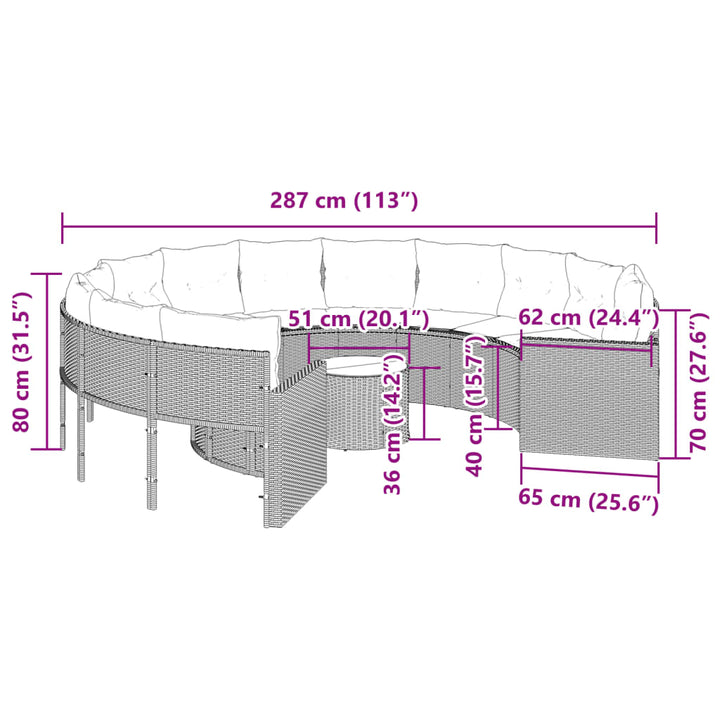 Tuinbank met tafel en kussens rond poly rattan grijs