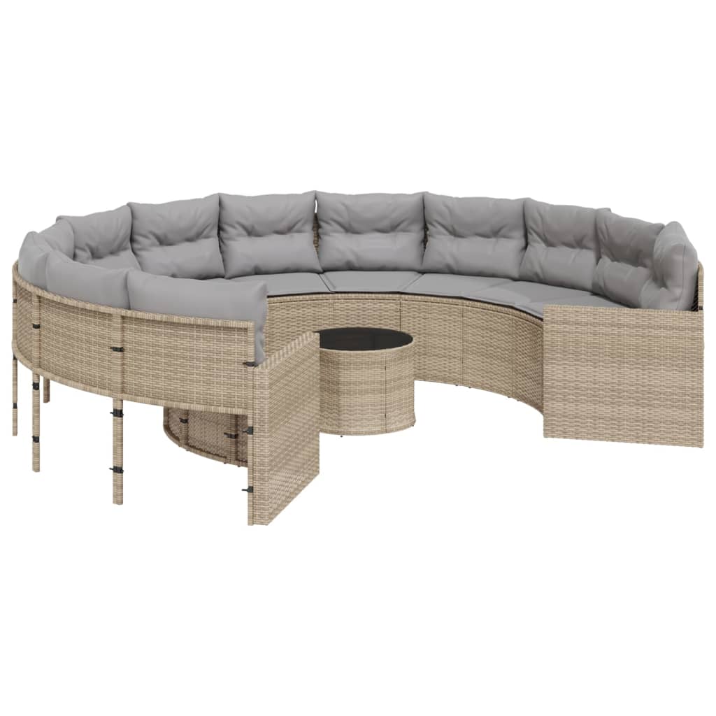 Tuinbank met tafel en kussens rond poly rattan beige