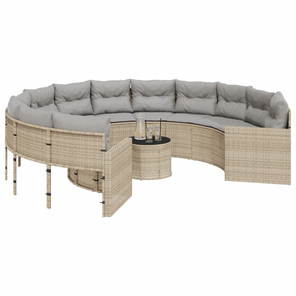 Tuinbank met tafel en kussens rond poly rattan beige