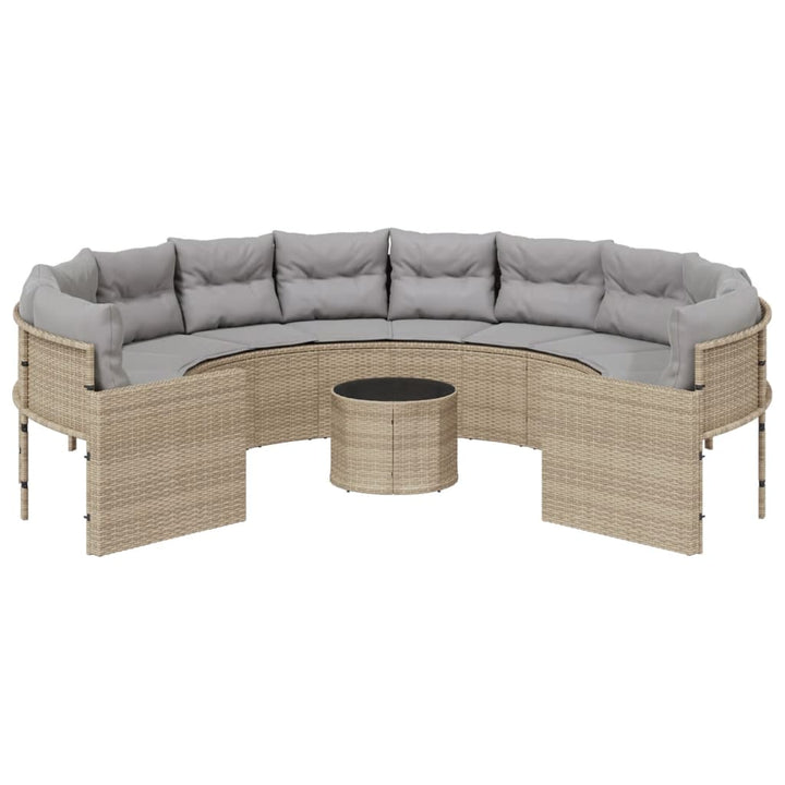 Tuinbank met tafel en kussens rond poly rattan beige