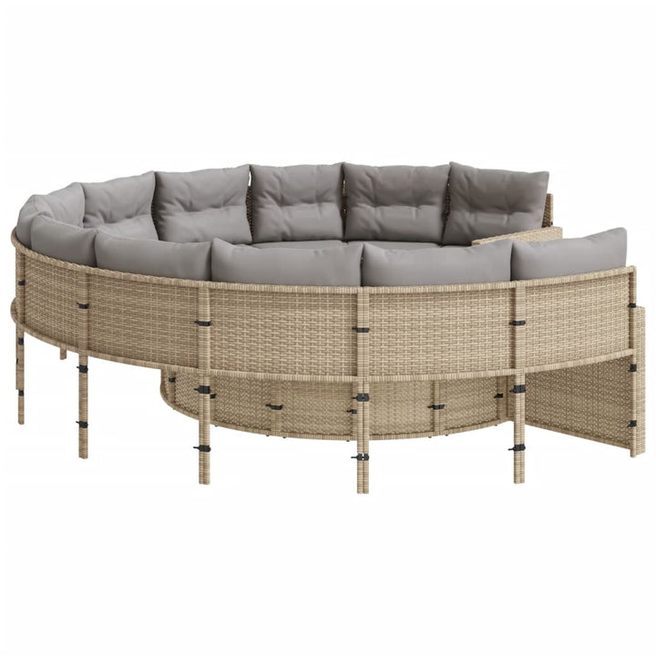 Tuinbank met tafel en kussens rond poly rattan beige