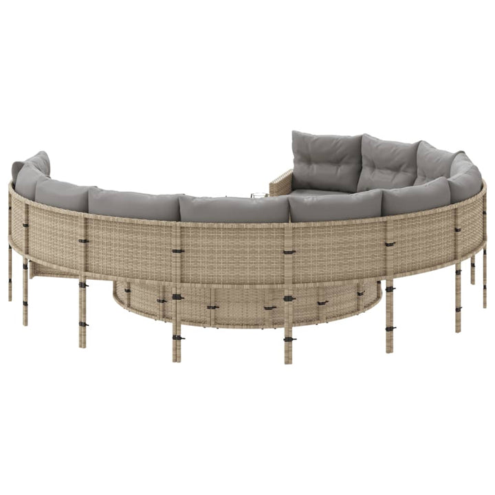 Tuinbank met tafel en kussens rond poly rattan beige