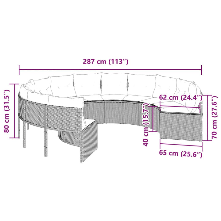 Tuinbank met kussens rond poly rattan zwart