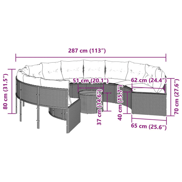 Tuinbank met tafel en kussens rond poly rattan zwart