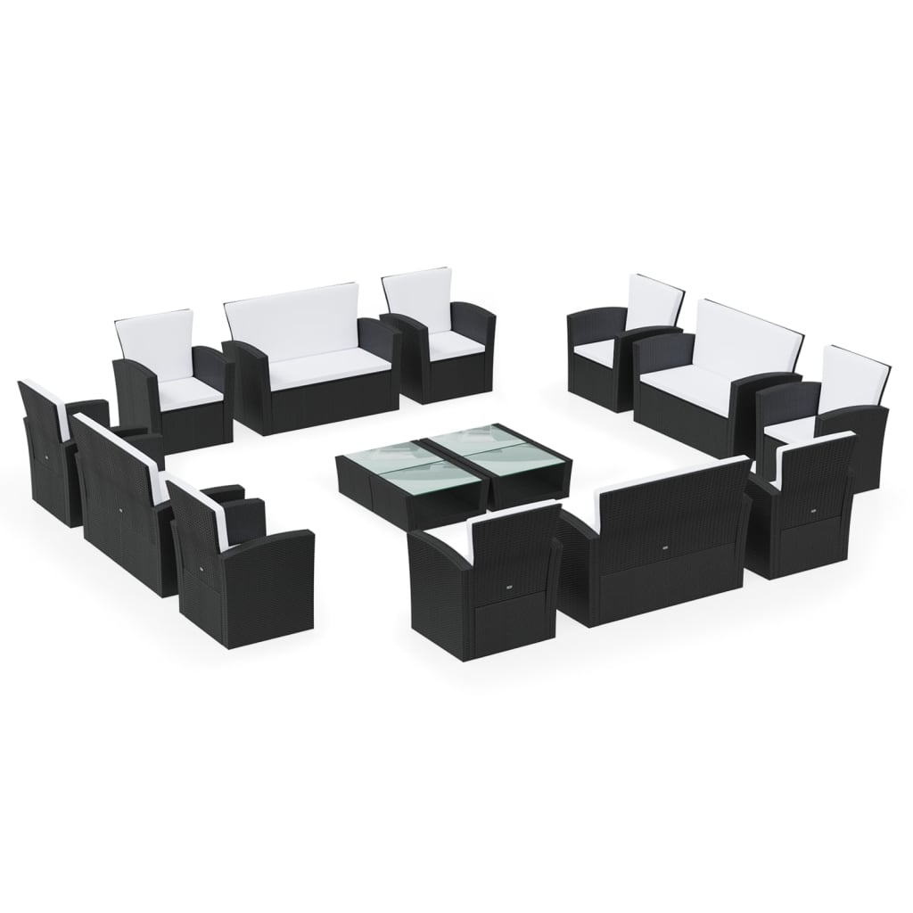 16-delige Loungeset met kussens poly rattan zwart - Griffin Retail