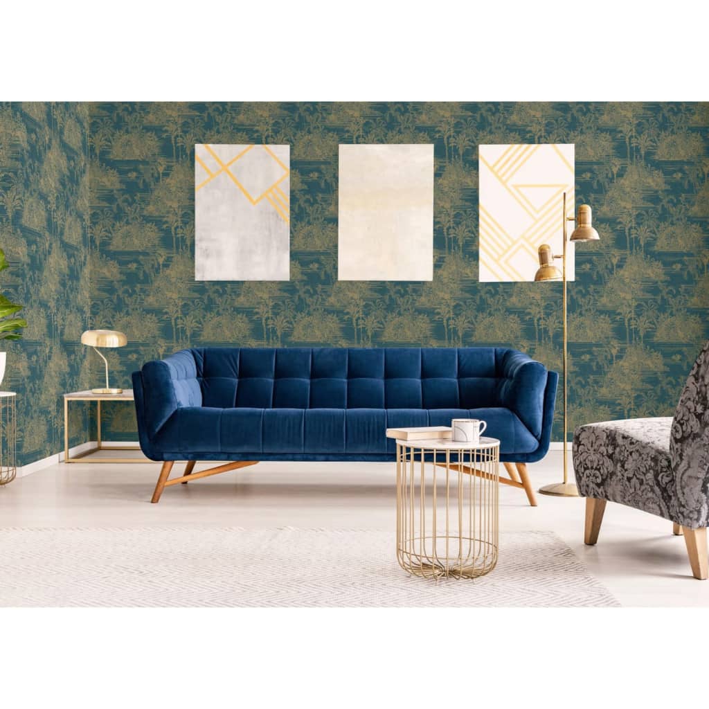 DUTCH WALLCOVERINGS Behang Tropical donkerblauw en goudkleurig