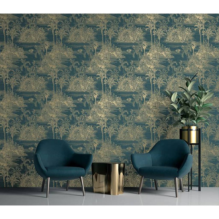 DUTCH WALLCOVERINGS Behang Tropical donkerblauw en goudkleurig