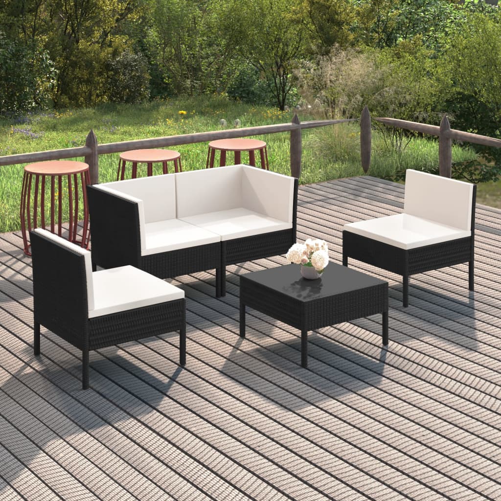 5-delige Loungeset met kussens poly rattan zwart - Griffin Retail