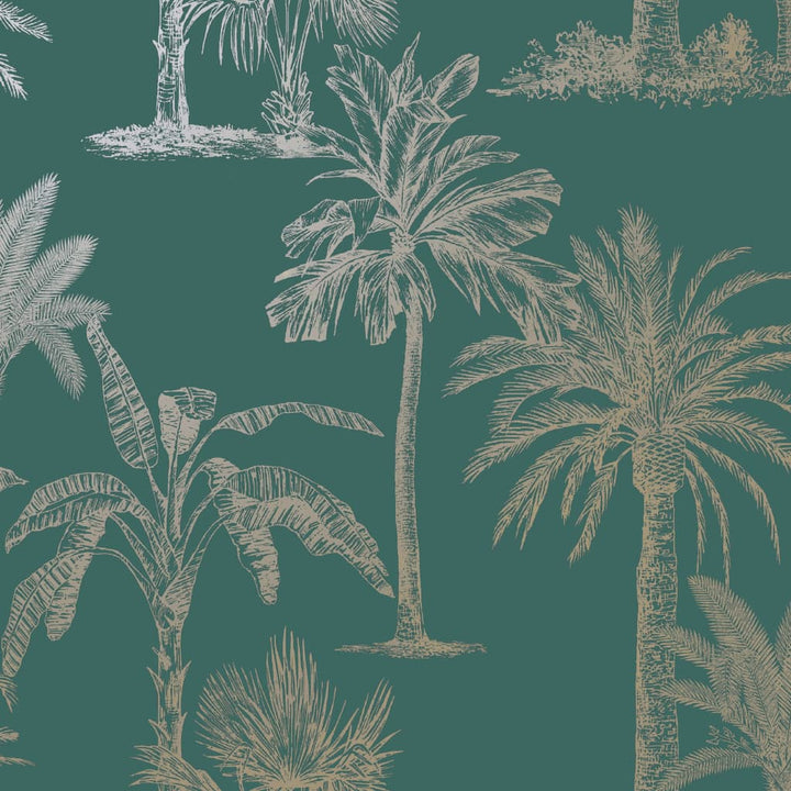 DUTCH WALLCOVERINGS Behang Tropical Trees teal en zilverkleurig