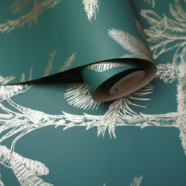 DUTCH WALLCOVERINGS Behang Tropical Trees teal en zilverkleurig