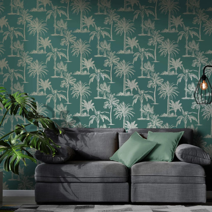 DUTCH WALLCOVERINGS Behang Tropical Trees teal en zilverkleurig