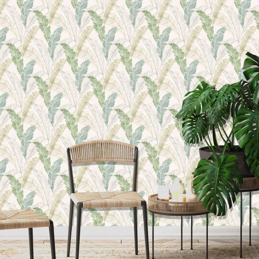 DUTCH WALLCOVERINGS Behang Tropical Leaf grijs en groen