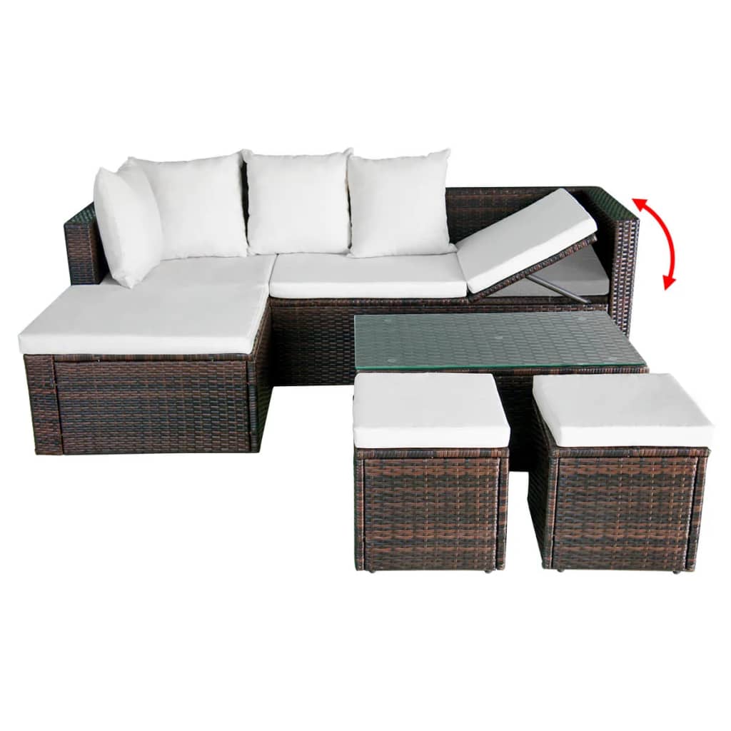 4-delige Loungeset met kussens poly rattan bruin