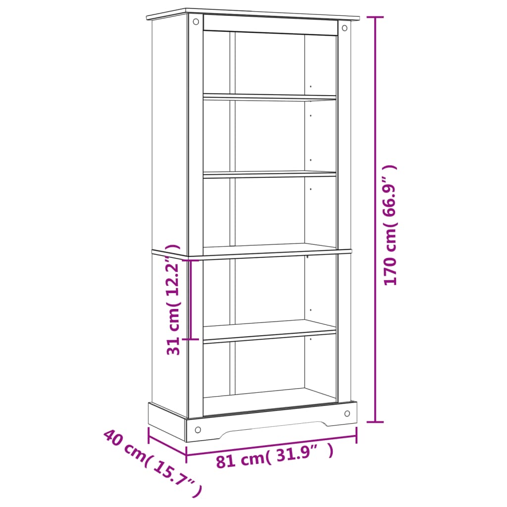 Boekenkast grenenhout met 5 planken Corona-stijl 81x29x170 cm