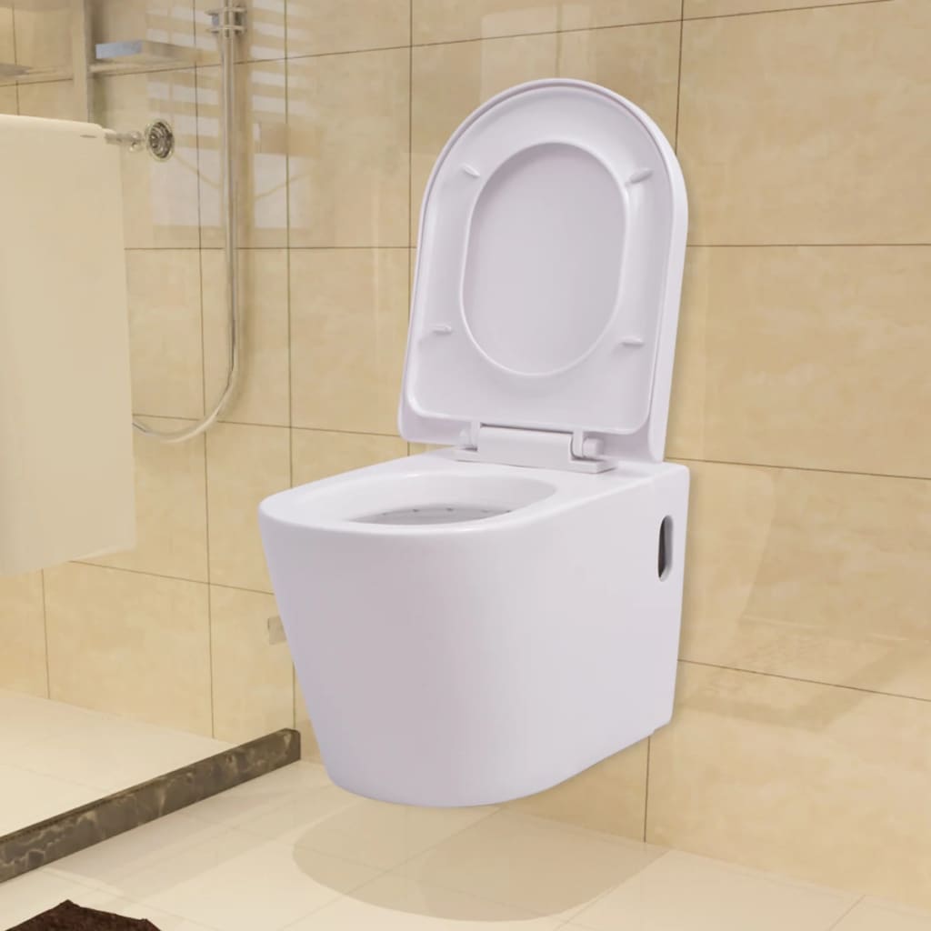Hangend toilet met verborgen stortbak keramiek wit
