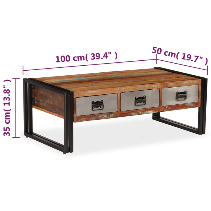 Salontafel met 3 lades 100x50x35 cm massief gerecycled hout