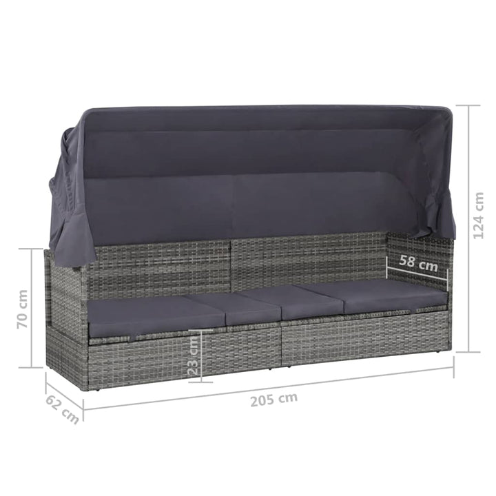 Tuinbed met luifel 205x62 cm poly rattan grijs