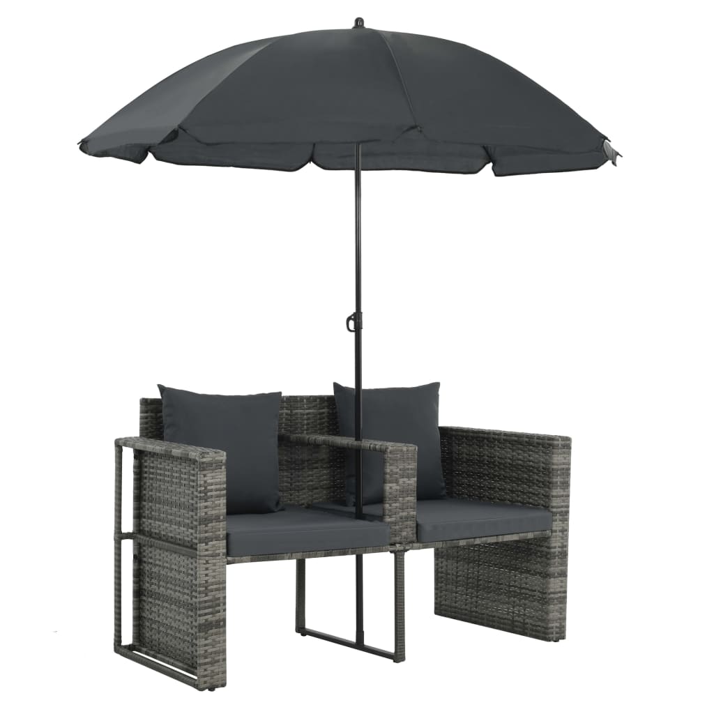 Tuinbank 2-zits met kussens en parasol poly rattan grijs
