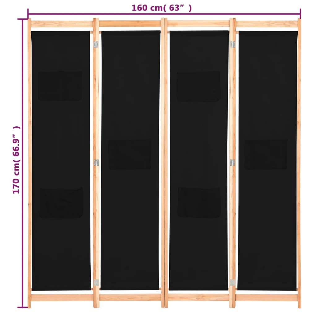 Kamerscherm met 4 panelen 160x170x4 cm stof zwart